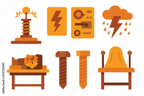 Flat design icons set for electricity, science experiments, lightning, and mad scientist concepts
