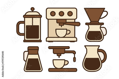Essential coffee preparation tools including espresso machine French press and pour over devices