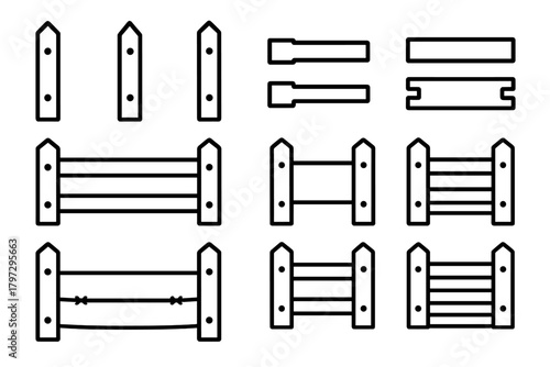 Outline designs of wooden fence sections, individual pickets, posts, and rails