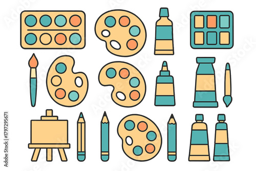 Colorful art supplies set with paint palettes, brushes, pencils, tubes, and easel