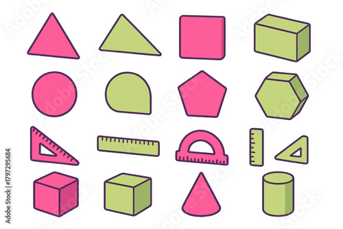 Colorful collection of two and three dimensional geometric shapes and measuring tools