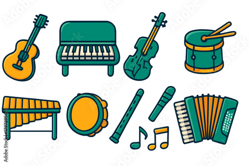 Colorful set of musical instruments including guitar piano violin and drum icons