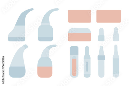 Minimalist set of abstract cosmetic and skincare product packaging and applicators