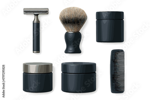 Luxury men's shaving and grooming set including razor, brush, comb, and cosmetic containers