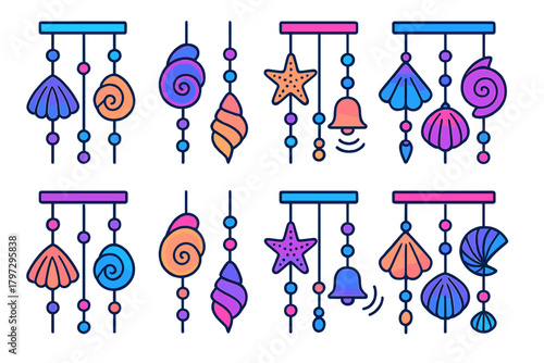 Decorative hanging seashells starfish and bells mobile set for summer beach themes