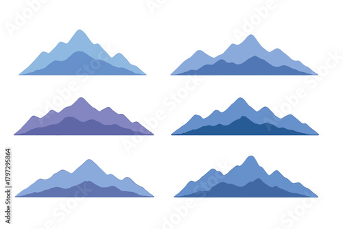 Six stylized mountain range silhouettes in cool blue and purple gradient colors