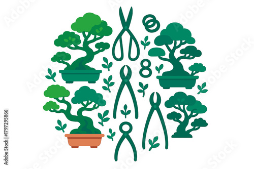 Miniature potted bonsai trees and specialized gardening tools for shaping and care