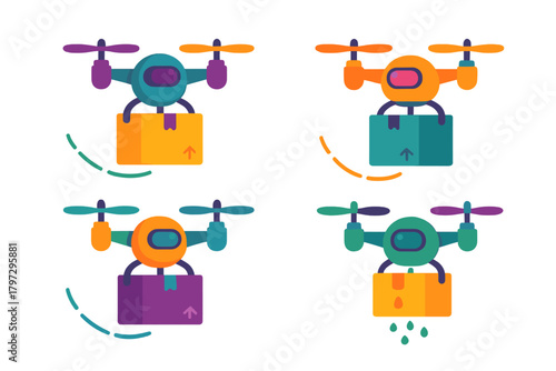 Colorful delivery drones transporting cardboard boxes for logistics and shipping services