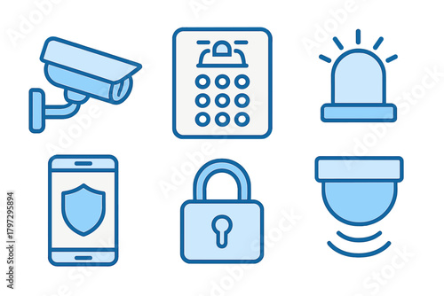 Modern security and surveillance technology symbols including cameras, access control, alarm, and digital lock