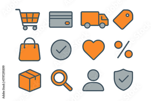 Essential e-commerce and online shopping icons featuring payment delivery and security symbols