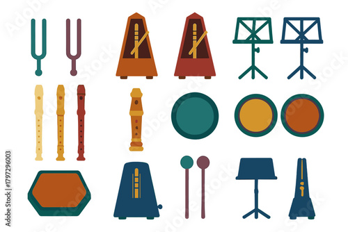 Assortment of essential music equipment and tools like metronomes, woodwind recorders, and tuning forks