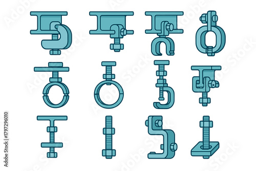 Collection of heavy duty beam clamps, pipe fasteners, threaded bolts, and industrial hardware