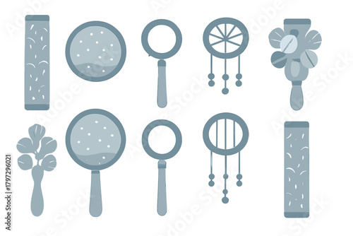 Stylized collection of baby rattles and sensory toys in monochromatic blue tones