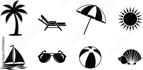 Black and white beach icons in summer theme
