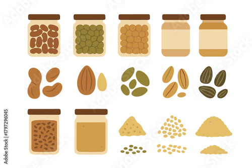 Assortment of healthy nuts, seeds, and creamy nut butter jars on a white background