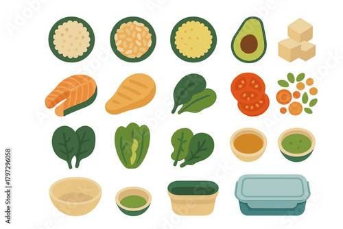 Healthy meal prep ingredients assortment featuring protein, grains, vegetables, and sauces