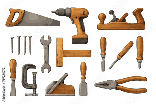 Collection of essential woodworking and construction tools including saw, drill, plane, wrench, and chisels