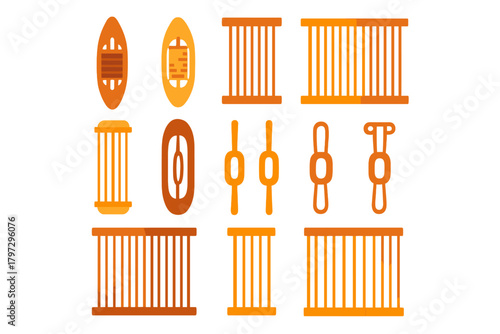 Collection of snowshoe frame shapes and binding components for winter sports and cold weather trekking