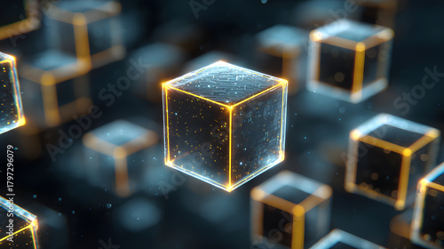 AI cloud computing concept with floating server cubes, glowing edges, abstract tech background.