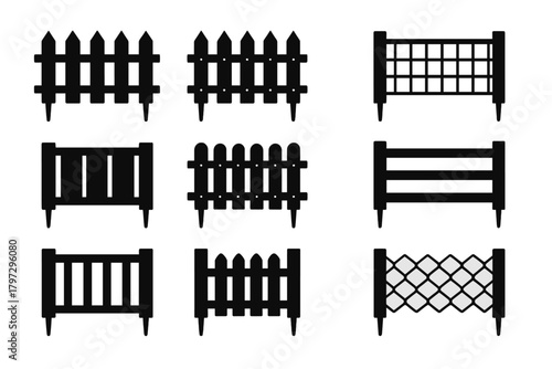 Black silhouette set of various wooden and wire garden fences and protective barriers