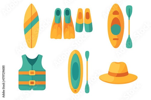 Colorful summer beach and water recreation equipment flat lay on white