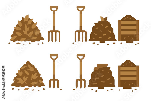 Gardening tools, piles of autumn leaves, compost heaps, and wooden bins