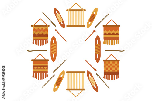 Circular frame of weaving equipment and handmade textile wall hangings in warm colors