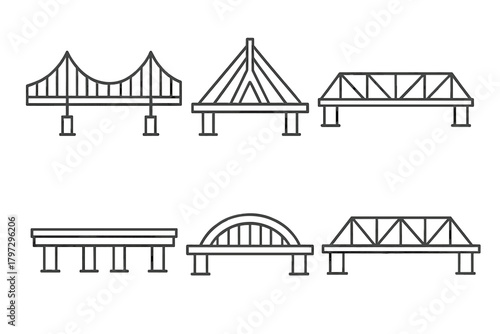 Architectural bridge structures outline set suspension cable-stayed truss and arch types