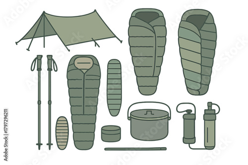 Essential camping and backpacking gear set including sleeping bags, tarp, poles, and cooking equipment