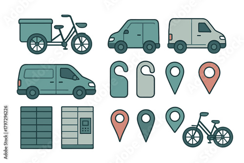 Delivery and logistics icons featuring cargo vans, bicycles, parcel lockers, and location pins