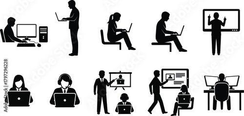 Silhouettes of people working on computers for business tasks