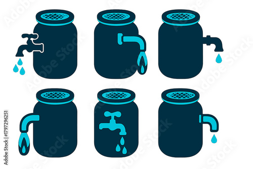 Dark blue and cyan icons of water jars and dripping taps