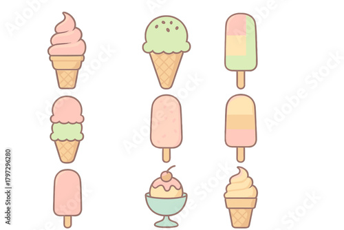 Pastel colored collection of sweet frozen desserts including ice cream cones and popsicles