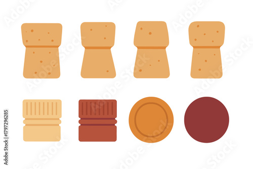 Collection of various bottle closures including champagne corks and screw caps