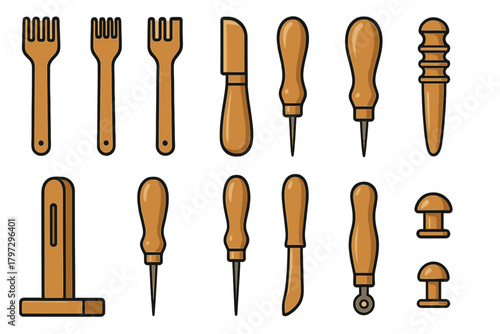 Collection of specialized tools used for traditional leather crafting and repair work