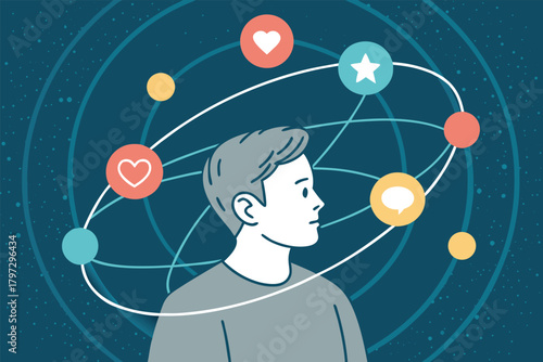 A solitary individual in a thoughtful pose, surrounded by a swirling nebula of social media logos, depicting digital connectivity and online presence.
