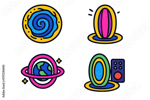 Cosmic icons set featuring wormhole, planetary orbit, and futuristic teleportation portals