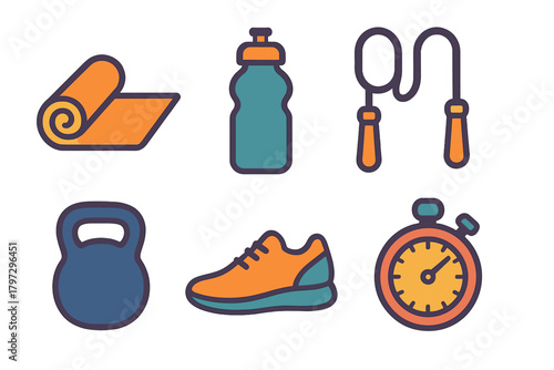 Fitness and gym equipment featuring yoga mat water bottle jump rope and stopwatch