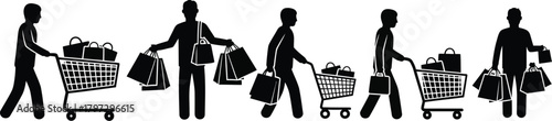 Silhouettes of people shopping with carts