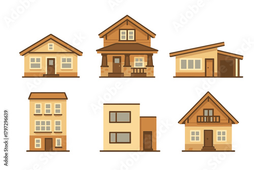 Set of diverse residential buildings including detached houses and multi-story apartment structures