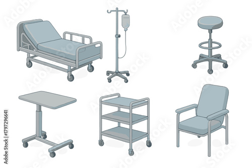 Essential hospital room furniture and medical equipment set including adjustable bed, IV pole, chair, and utility tables