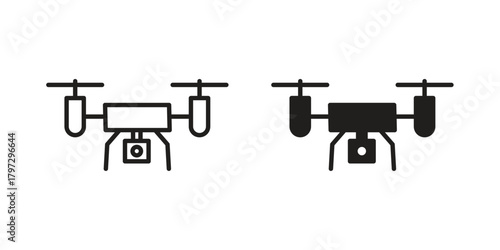 Drone icon flat and thin stroke vector pack. Editable icons set