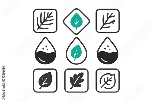 Set of nine minimalist symbols for nature, ecology, and organic products featuring leaves and water