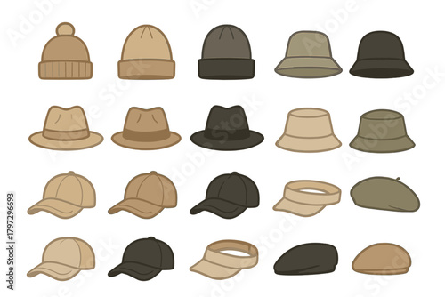 Diverse collection of fashionable hats and caps in neutral beige and brown color palette