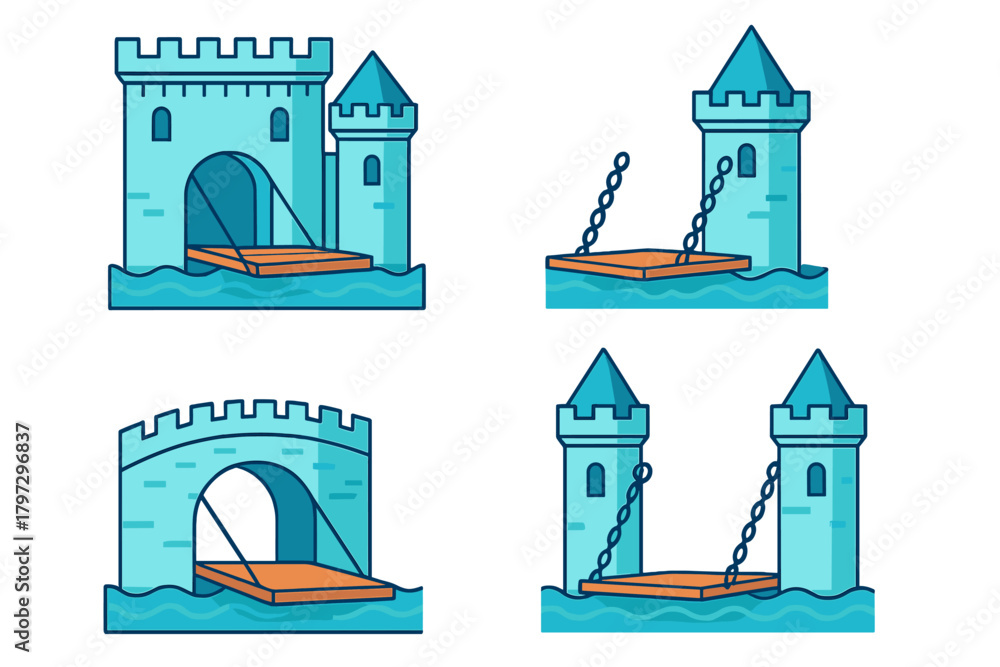 Fototapeta premium Set of four medieval castle elements with drawbridges and towers over water