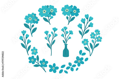 Stylized collection of blue forget-me-not floral elements, sprigs, and leaves forming a decorative wreath