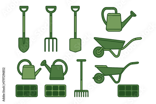Essential green gardening tools and equipment set for planting and farming