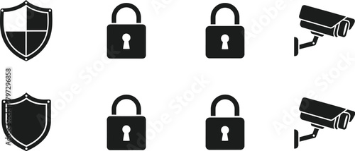 Silhouette security icons with shield, padlock, and surveillance camera