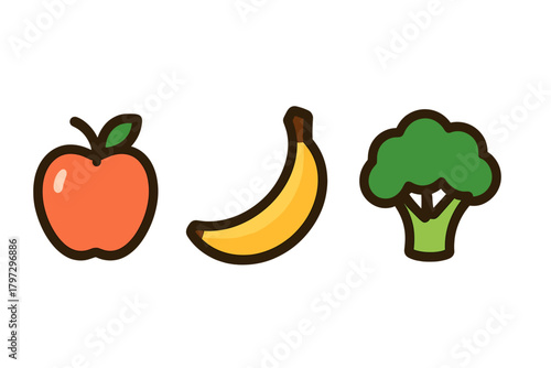 Colorful icons of, banana, and broccoli symbolizing healthy eating and nutrition