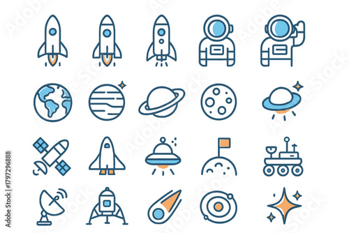 Set of outline symbols for space travel, astronomy, rockets, planets, and cosmic exploration
